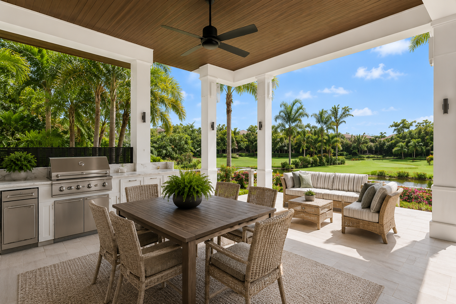 Covered outdoor patio and golf course view real estate photography