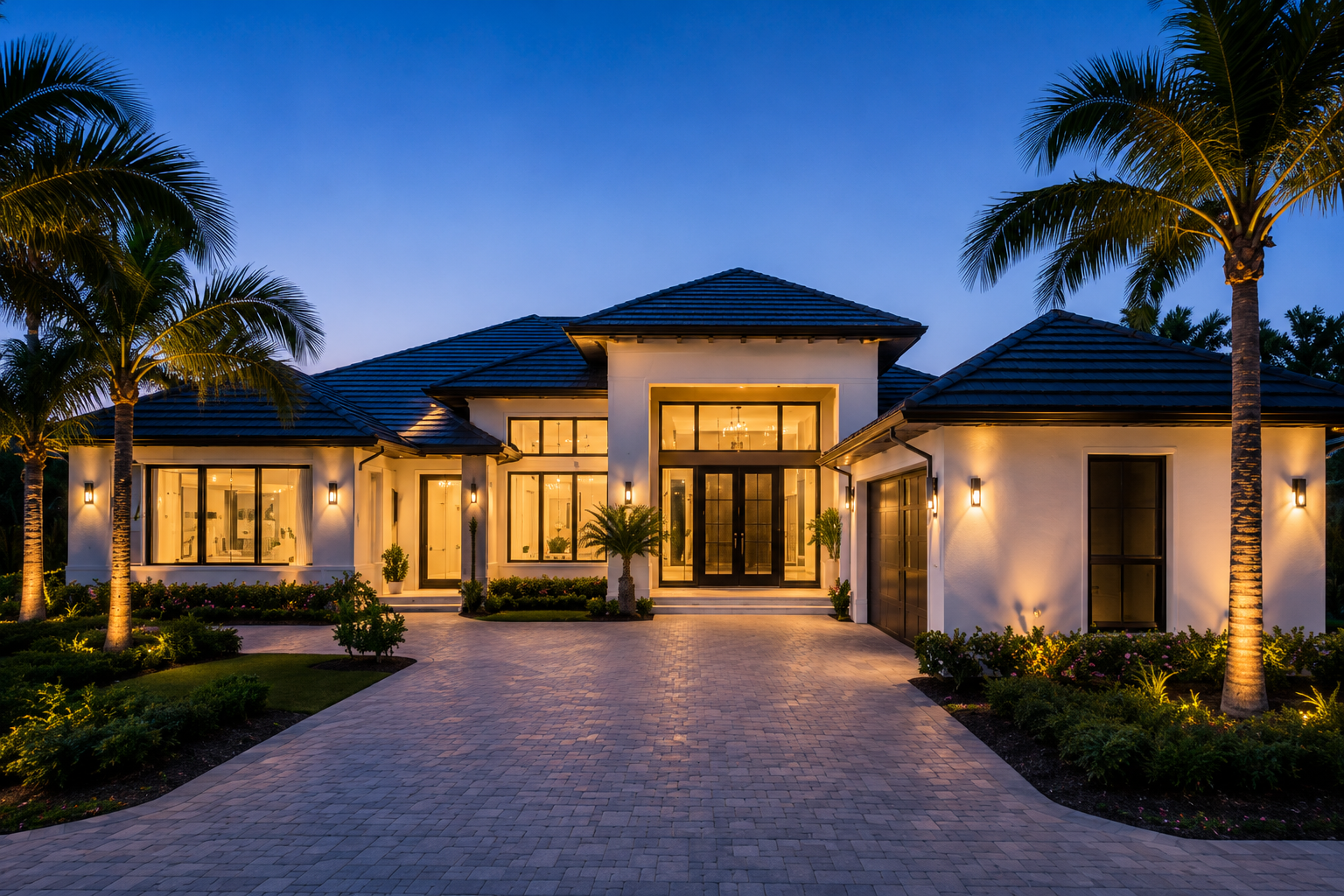 Luxury South Florida estate exterior photographed at blue hour