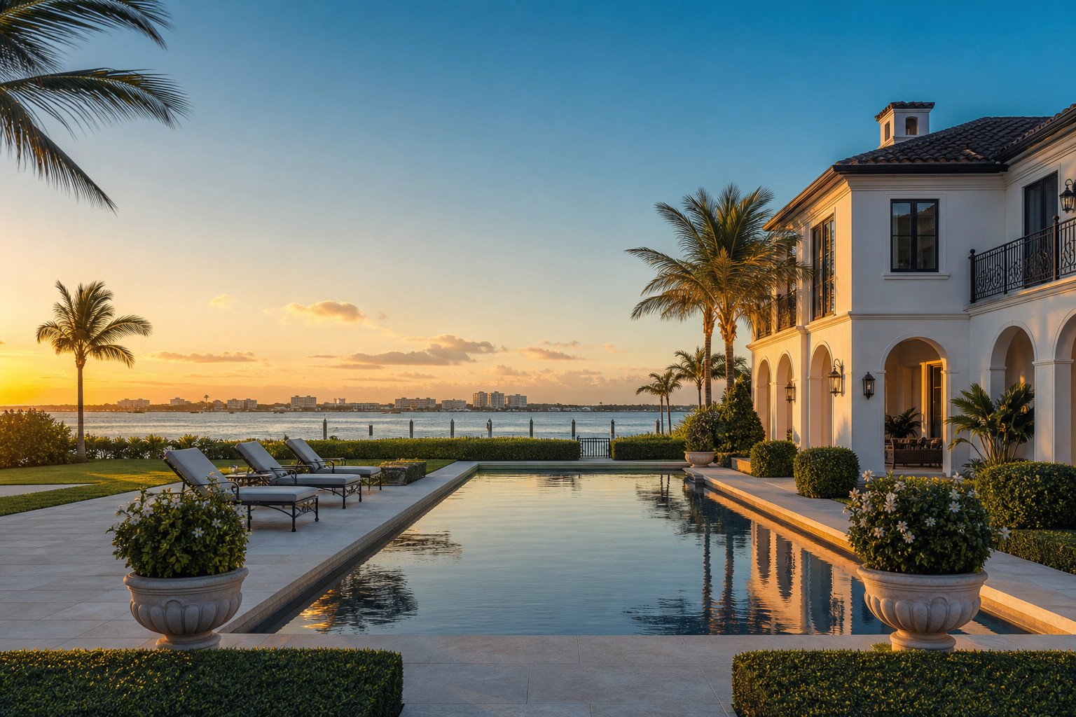 Palm Beach luxury waterfront estate photographed at sunset