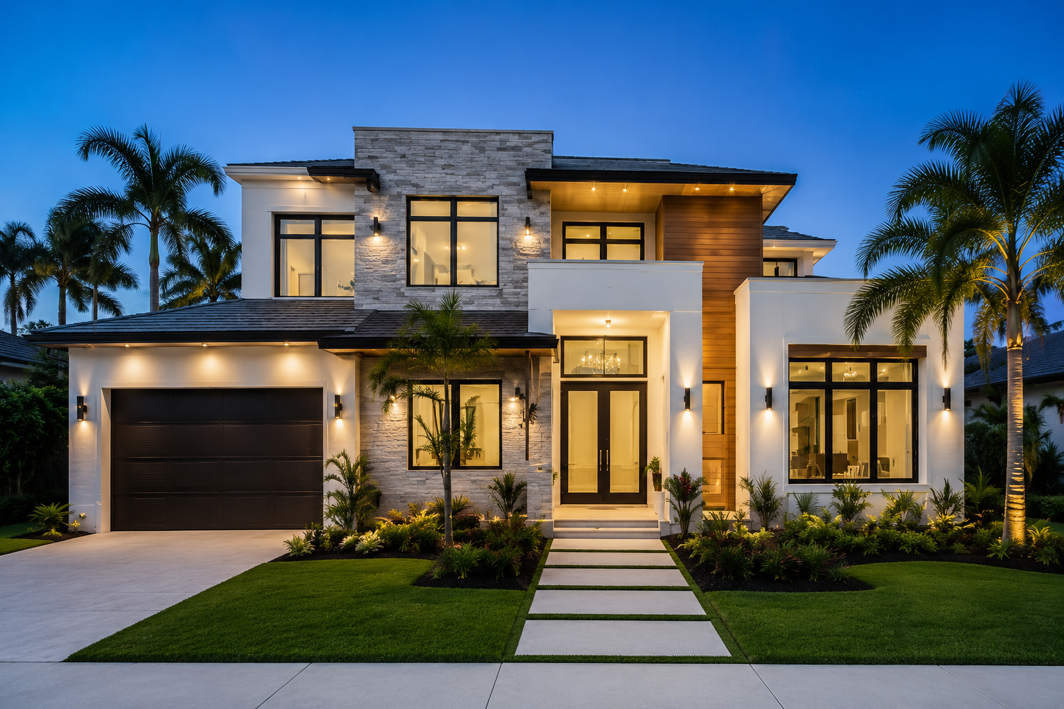 Modern South Florida home exterior evening photography
