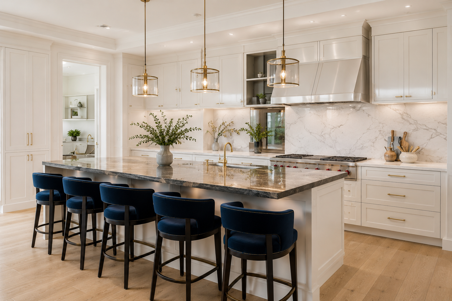 Luxury kitchen with navy stools and marble island