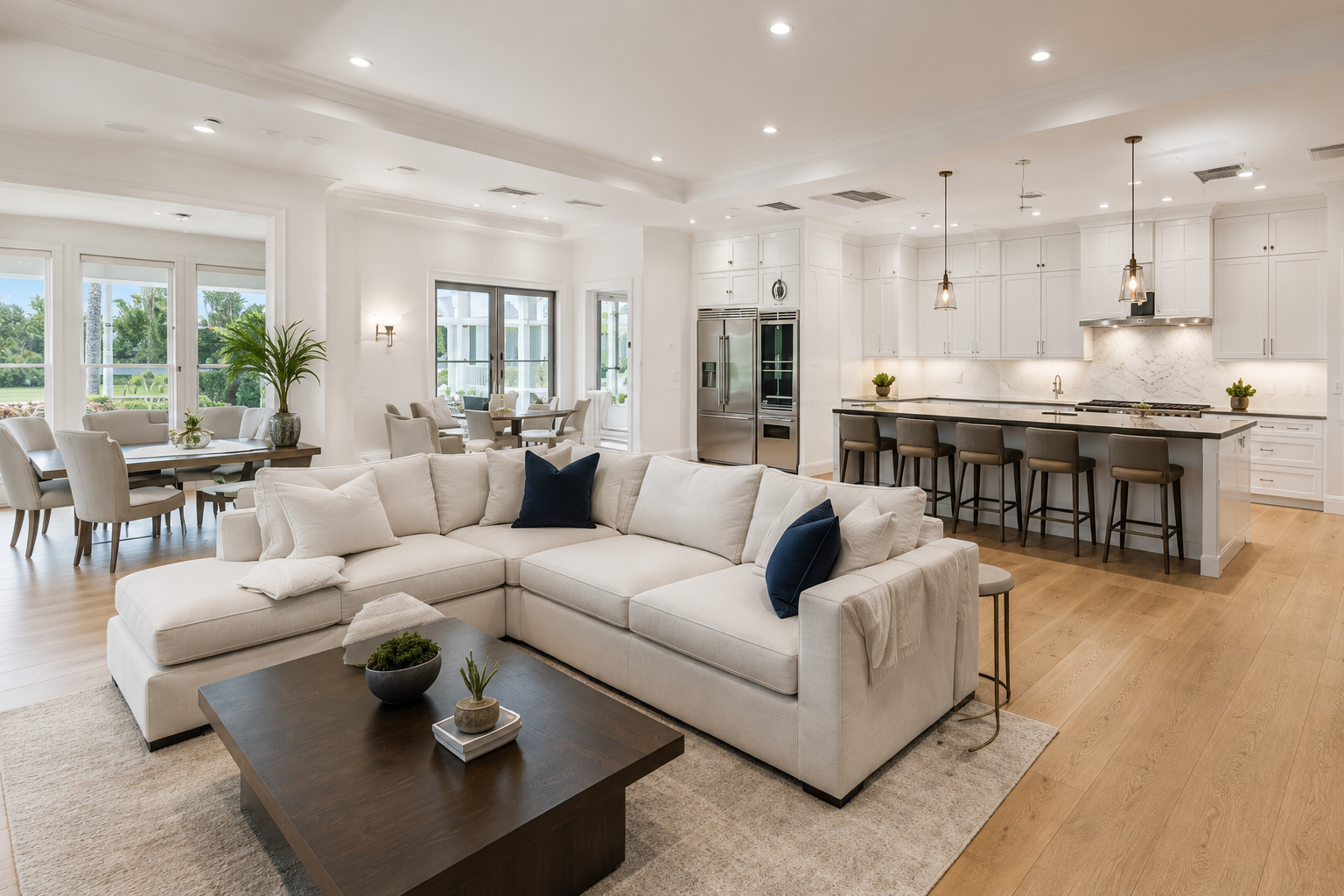Luxury open living room and kitchen real estate photography