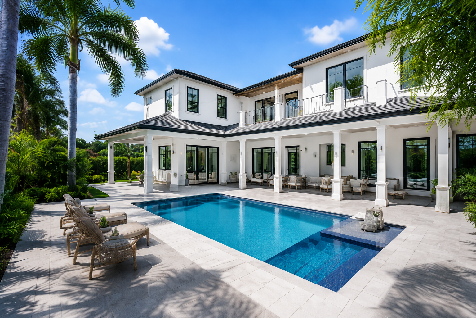 Bright daytime pool and patio real estate photography