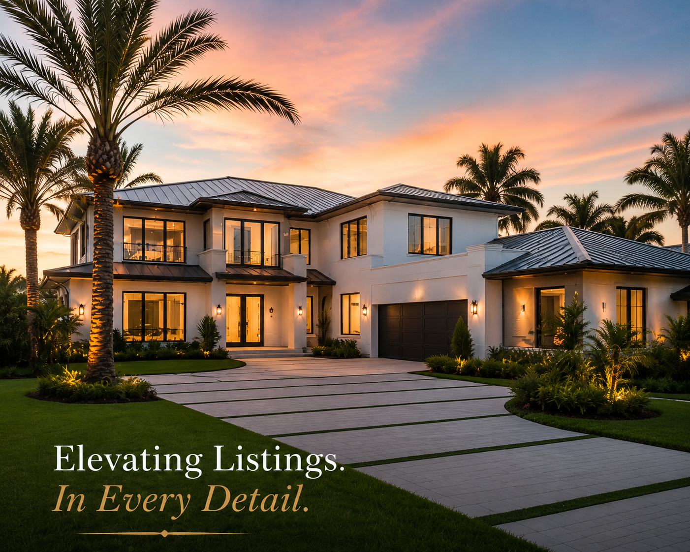 Palm-lined estate exterior twilight photography