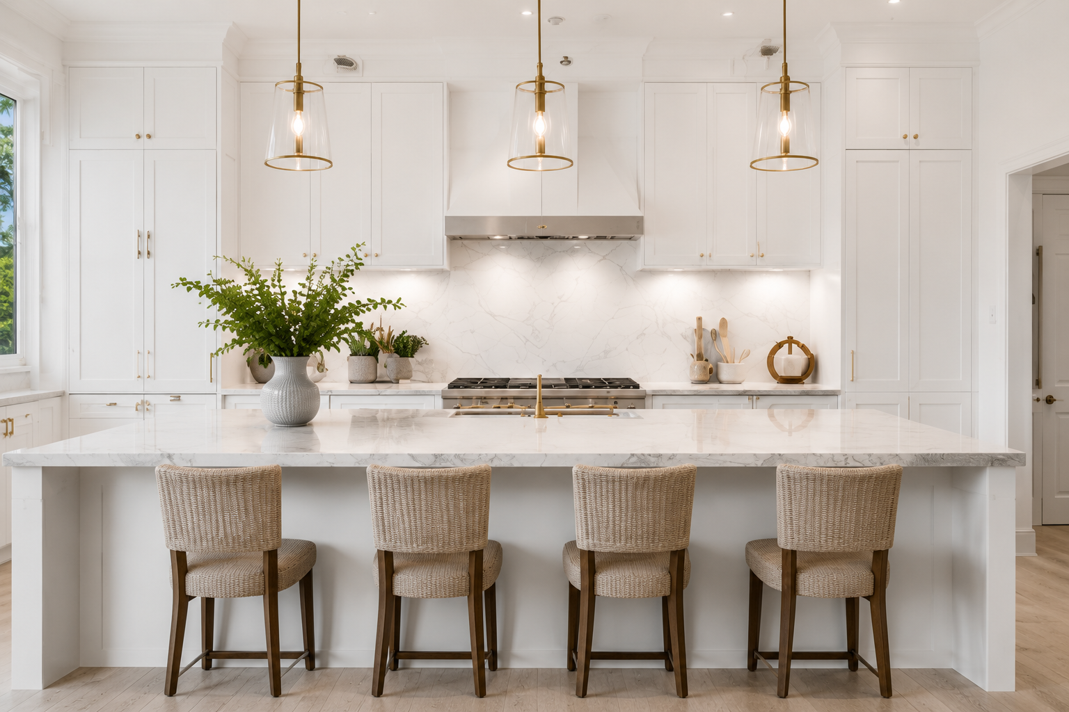 Bright white and gold luxury kitchen real estate photography